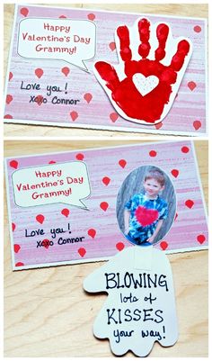 valentine's day card made with handprints and an image of a child holding a heart