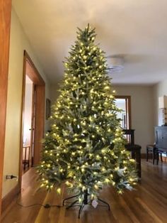 a christmas tree is lit up in the middle of a living room with wood floors