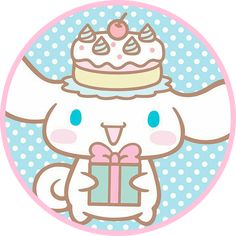 a cartoon bunny holding a gift box with a cake on it's head and smiling