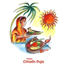 a woman sitting at a table in front of a plate of food with the words happy chhath puja written on it