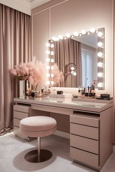 a vanity with lights and stool in front of it