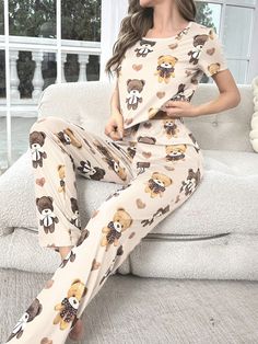 Apricot  Collar   Cartoon Pant Sets Embellished Slight Stretch All Women Sleep & Lounge Teddy Cute, Cartoon Teddy Bear, Night Wear Dress, Cute Sleepwear, Night Wear, Bear Print