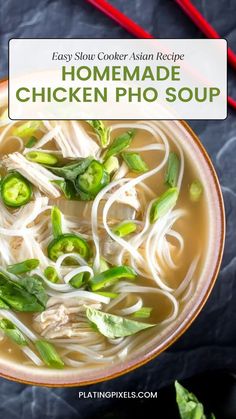 Craving a comforting bowl of chicken pho soup? This slow cooker recipe makes it easy to enjoy homemade pho with tender chicken breast, rice noodles, and a flavorful broth. Perfect for a cozy meal at home. Get the recipe on my website! Chicken Pho Soup Recipe, Slow Cooker Pho, Asian Slow Cooker Recipes, Slow Cooked Chicken Breast, Chicken Pho Soup, Asian Soup Recipes, Chicken Pho