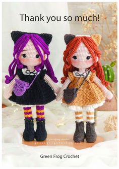 two crocheted dolls are standing next to each other, with the caption thank you so much