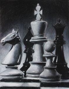 a black and white drawing of chess pieces with one horse standing on the other side