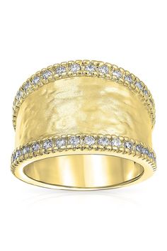 A wide hammered ring is trimmed with two rows of pave CZ for perfect amount of a sparkle. Gold-tone plated brass pave CZ hammered wide band ring. Approx. 5mm band width. ImportedOrders cannot be shipped to Canada, Puerto Rico, APO, FPO or P.O. Boxes. London Accessories, Wide Band Ring, Hammered Ring, Wide Band Rings, Designer Crossbody Bags, Bling Rings, Sandals Brands, Fine Jewellery Earrings, Wide Bands