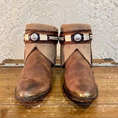 Handcrafted Brown And Beige Nocona Western Cowgirl Ankle Booties Women’s Size 8 1/2 M. I’ve Taken A Pair Of Vintage Nocona Cowgirl Boots Antiqued Them And Have Added Beige Embroidered Tops And A Western Belt. One Of A Kind And Sure To Turn Heads. Handmade And Vintage Items Will Not Be Perfect But I Try To Capture Any Flaws In Photos Tag: Nocona Size 8 1/2 M Heel To Toe: 11” Heel: 2” Height: 6” Ball: 3 1/2” Western Brown Ankle-high Booties, Brown Western Booties With Snip Toe, Western Style Brown Ankle Booties, Western Style Brown Leather Booties, Brown Leather Western Booties, Western Brown Booties With Round Toe, Brown Western Booties With Round Toe, Nocona Boots, Embroidered Tops