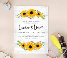 a wedding card with sunflowers on it