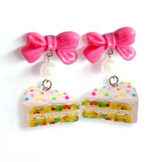 Bring the party to your ears with these sparkly slice of Confetti Cake Earrings! Handmade with hypoallergenic stainless steel earrings, these Funfetti Birthday Cake Slice Charm Earrings are the perfect accessory for any occasion—whether you're headed to a gal pal's b-day bash or just want to treat yourself to a slice of bling! Details: These earrings are very realistic with its yellow cake dotted with confetti cake's signature rainbow spots and layered with yummy buttercream frosting. It's toppe Birthday Cake Slice, Funfetti Birthday Cake, Shopping Web, Funfetti Birthday, Candy Accessories, Micro Pig, Candy Clothes, Cake Earrings, Pink Birthday Cakes