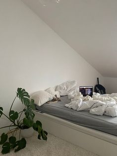 an unmade bed with white sheets and blankets on it in a loft space next to a potted plant