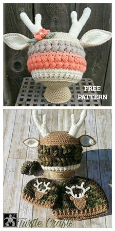 crocheted deer head and antlers on top of a wooden table with text overlay that says free pattern