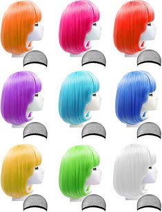 PRICES MAY VARY. ❤️【Various Colors】you will receive 9 short bob colored wigs in different colors, includes orange, green, violet, white, blue, pink, red, yellow, sky blue, enough to meet your various needs. ❤️【Premium Material】 each neon wig is built around a lightweight and breathable netted cap, no shedding, tangling and odor. All party wigs are made of great polyethylene fibers, which are soft, long-lasting and reusable. You don't have to worry about them hurting your hair. ❤️【Delicate Design Short Bob Hair, Wigs Short, Wig Party, Long Hair Wigs, Hairpieces For Women, Colored Wigs, Bob Hair, Bachelorette Party Decorations, Headband Wigs