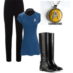 a woman's outfit with boots, necklace and star trek badge on the back