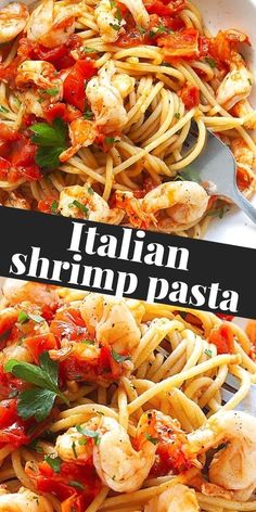 pasta with shrimp and tomato sauce in a white bowl