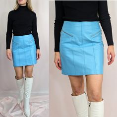 "True vintage dated late 90s/ early 00s real leather mini skirt by Cache. 100% genuine leather of high quality, very soft. Skirt features back zip closure and matching satin blue lining, the zippers in the front are just decorative. Tailored perfectly, truly superb overall quality. Skirt is in excellent condition, no flaws were found, beautifully preserved. It is all about the colour here, this shade of pastel baby blue is adorable. Woollen boa shawl (photo 9) that compliments it really well is Trendy Fitted Mini Skirt With Side Zipper, Spring Mini Skirt With Zip Fly, Fitted Mini Skirt With Zip Fly, Chic Fitted Light Blue Mini Skirt, Pastel Mini, Mini Skirt Party, Soft Skirt, The Nanny, Blue Pastel