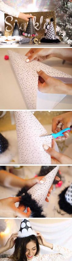 the woman is doing her hair and makeup in three different pictures, including one wearing a hat