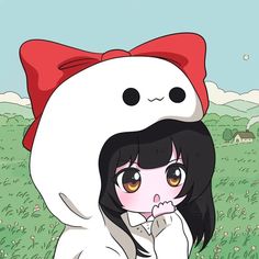 an anime character with a red bow on her head and black hair, sitting in the grass