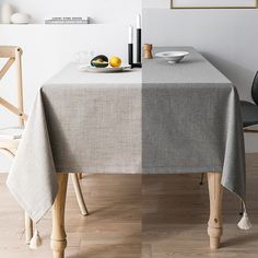 two photographs of a dining table with plates and fruit on it, one is empty