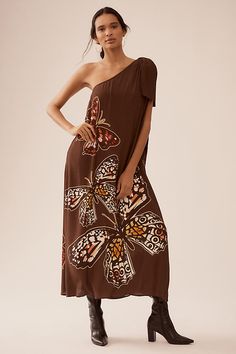 Viscose Tie styling Dry clean Imported | Revona One-Shoulder Maxi Dress by Conditions Apply in Brown, Women's, Size: 2XS, Viscose at Anthropologie Tie Styling, Ladies Day Dresses, Cold Shoulder Maxi Dress, Grey Midi Dress, Maxi Dress Navy, Tie Styles, Pink Maxi Dress, Shoulder Design, White Maxi Dresses