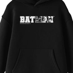 Stay comfy and cozy as you celebrate the Dark Knight with this Batman sweatshirt. The hoodie features white letters that spell out, "Batman," while an image of the superhero appears in the text. The sweatshirt comes in black with a double-lined hood and a large pouch pocket. Batman fans will love this comfy and cozy hoodie. Pop Culture Long Sleeve Hoodie With Letter Print, Sporty Hoodie With Character Print, Superhero Hoodie For Streetwear, Pop Culture Letter Print Crew Neck Hoodie, Batman Sweatshirt, Batman Hero, Pickle Gifts, Black Hooded Sweatshirt, Large Pouch