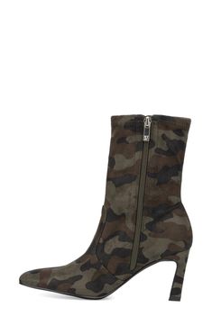 A tapered slim heel elevates this versatile bootie finished with a sleek pointed toe. 3" heel 7" shaft height, 10" opening circumference Pointed toe Pull-on style Synthetic upper and lining, rubber sole Imported Fall Crocodile Pattern Boots With Pointed Toe, Fitted Multicolor Pointed Toe Boots, Camo Heel Boots, Snake Print Leather Heeled Boots With Pointed Toe, Brown Ankle-high Snake Print Boots, New York And Company, Curator Style, Bootie, Nordstrom Rack