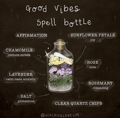 Witches Bottles Diy, Spell Jar Happiness, Good Vibes Spell Jar, Good Vibes Spell, Spell Bottles Witchcraft, Positive Spell Jar, Spell Bottles Diy, Witch Jars Spells