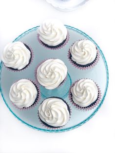 cupcakes with white frosting on a blue plate