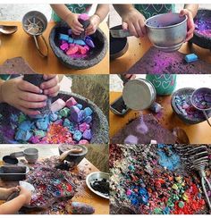 there are many different pictures of colored rocks in the bowl and on the table,