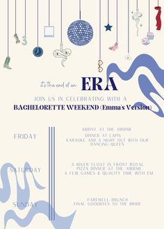 a flyer for an event with ornaments hanging from the ceiling and text that reads era