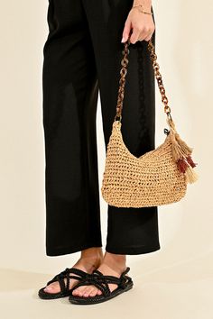 Woven Rattan Bag Tortoise Shell Should Strap Tassel Detail Zipper Closure Lined Zippered Inside Pocket Packaged and Shipped From Indianapolis, IN 11” L x 7” W Chic Crochet Bag With Tassels For Everyday, Travel Crochet Shoulder Bag With Tassels, Vacation Pouch Bag With Tassels, Chic Brown Hobo Bag With Tassels, Chic Crochet Bag With Tassels For Travel, Chic Crochet Travel Bag With Tassels, Casual Hobo Bag With Tassels For Everyday Use, Chic Beige Shoulder Bag With Tassels, Natural Travel Bags With Tassels