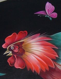 a painting of a rooster on a black background