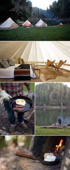 there are many different pictures of tents in the woods and on the ground, with food being cooked over an open fire