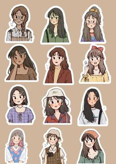 the many faces of girls from different ages and nationalitiess stickers on a brown background