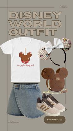 Cold Disney Outfits, Mickey Ice Cream, Adidas Gazelles, Brown Adidas, Girly Outfit, Disney World Outfits, Disneyland Outfits, Disney Outfit, Denim Skort