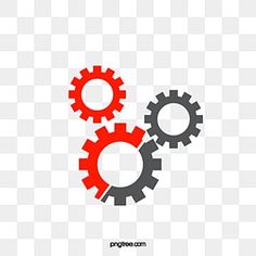 three gears on a white background with red and gray colors, two are facing each other