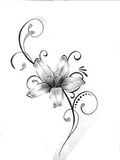 a black and white drawing of a flower with swirls on the side, in front of