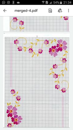 a cross stitch pattern with pink and yellow flowers on the bottom half of it,