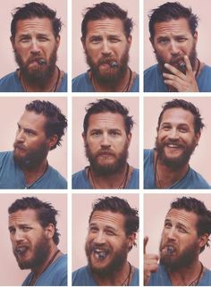 multiple pictures of a man brushing his teeth and making faces with the same toothbrush