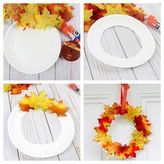 four different pictures of fall leaves and paper plate wreaths with glue markers on them