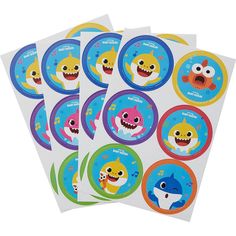 five stickers with cartoon characters on them, all in different colors and sizes for children's birthdays