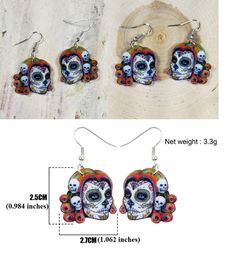 Please see pictures for measurements. The earrings are double-sided. Dear buyers, To keep this item price cost-effective, I do not charge for shipping. This means, this item has to be shipped in a regular envelope without a tracking number if you chose free shipping. Thank you. Punk Halloween Festival Earrings, Punk Skull Print Earrings For Gift, Punk Skull Print Earrings Gift, Punk Style Skull Print Earrings As Gift, Halloween Skull Print Earrings Gift, Halloween Skull Print Earrings, Halloween Skull Print Skull Earrings, Jewelry Halloween, Shrink Plastic