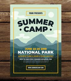 a poster for the summer camp with mountains in the background