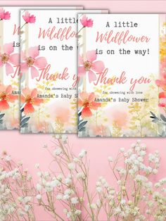 three thank cards with flowers and the words, a little wildflower is on the way