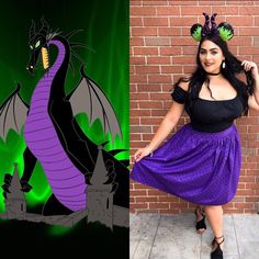 a woman standing next to a brick wall wearing a purple dress and black top with dragon ears on her head