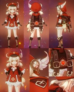 several different images of an anime character in red and white clothing, with wings on her head