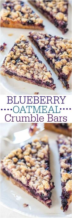 blueberry oatmeal crumble bars on a white plate with text overlay