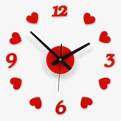 a red clock with hearts on the face and numbers in the shape of heart, isolated against a white background