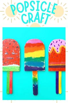 three popsicles made out of ice cream and rainbow colored frosting, with the words pretend play popsicles