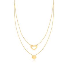 Ross-Simons - Italian 14kt Yellow Gold Heart Double Necklace. 16". Get the layered look in just one necklace! Crafted in Italy, this lovely piece features heart designs on two 14kt yellow gold cable chains. Polished finish. Lobster clasp, 14kt yellow gold heart double necklace. Yellow Gold Double Strand Necklace For Anniversary, Modern Yellow Gold Heart Pendant Necklace, Elegant Gold Heart Layered Necklace, Elegant Layered Yellow Gold Jewelry, Elegant Double Strand Yellow Gold Charm Necklaces, Layered Yellow Gold Jewelry Gift, Layered Yellow Gold Jewelry As Gift, Modern Yellow Gold Heart Necklace, Layered Yellow Gold Jewelry For Gifts