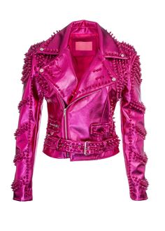 Take the past to the present with this pink metallic moto jacket! This faux leather piece features a pink metallic base, tonal spike studded detailing, silver hardware, a lapel collar, long sleeves and a zip front design. Complete with slant side zipper pockets, an adjustable studded waist belt, satin inner lining, and a faux front flap pocket. Available in sizes S, M, L and XL. Made out of 100% polyurethane (self) and 100% polyester (lining). Bring effortless edge to your style with this flawle Pink Leather Jacket, Catty Noir, Studded Shorts, Faux Leather Biker Jacket, Looks Party, Rocker Style, Pink Metallic, Pink Jacket, Jacket Design